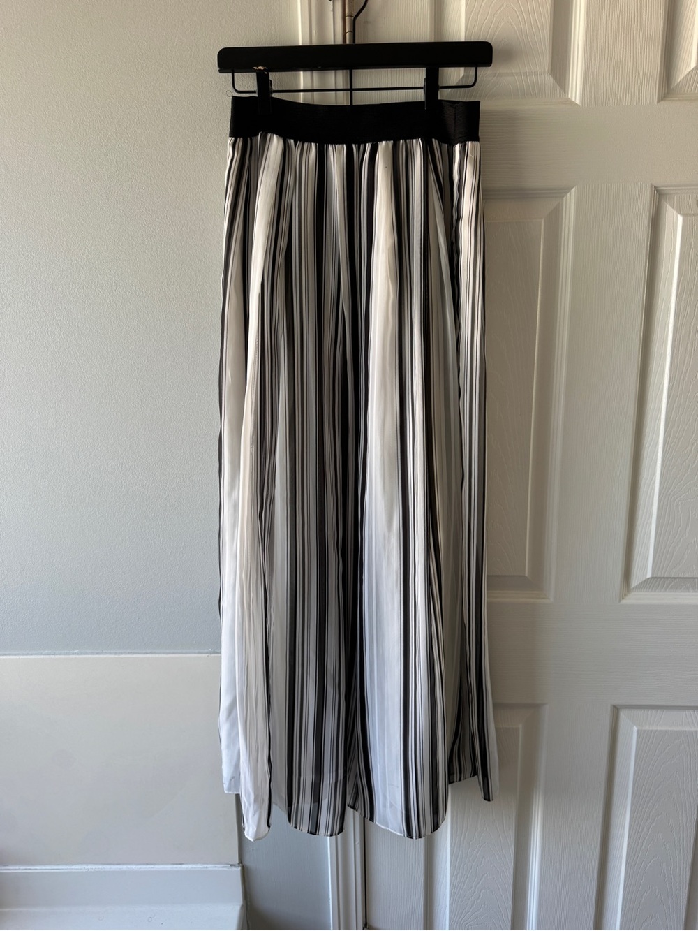 White House Black Market Black and White Vertical Stripe Pleated Maxi Skirt